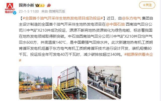 [国资小新]#天下首个油气开采伴生地热发电项目乐成投运#-6686体育