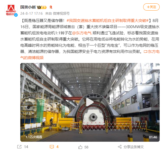 [国资小新]既是稳压器又是贮存器！#我国变速抽水蓄能机组自主研制取得重大突破#-6686体育